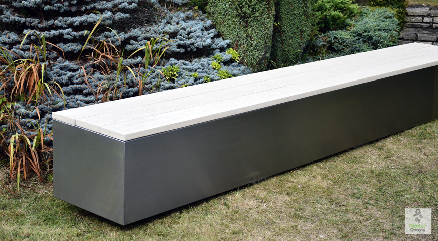 minimalist design outdoor seating bench | made from stianless steel and composite wood 